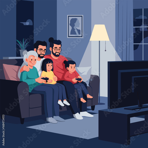 A multi-generational family enjoys interactive entertainment together on the couch
