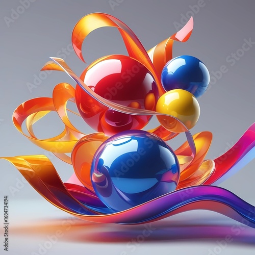 Composition of smooth glossy spheres and flowing ribbons in a bright palette of colors on a light gray background.