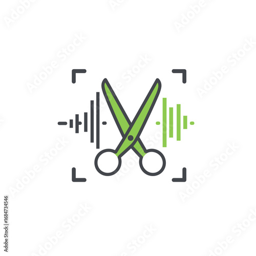 Scissors and waveform vector icon, symbol of audio or video editing, transparent background. Content production, podcast post-production, video montage tools, streaming, creator toolkit