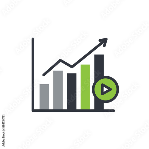 Content analytics vector icon, chart with media symbol on transparent background. Digital performance tracking, blog stats, video content ROI, marketing insights, platform reporting tools