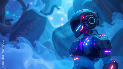 Mystic enchanting environment, dreamlike atmosphere, gentle color contrasts, otherworldly ethereal quality, electric vivid colors, futuristic robot with LED lights