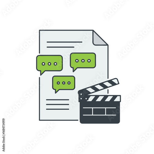 Script vector icon with speech bubbles and clapperboard on transparent background. Dialogue writing, video scripts, storytelling planning, podcast script development, media production prep