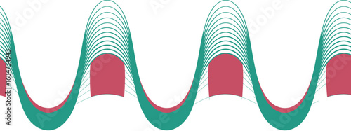 Abstract wave pattern with teal curves and red blocks on a white background in a repeating design