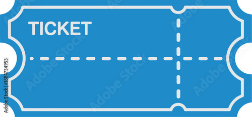 A blue ticket with the word ticket on it and a dashed line separating the ticket into sections