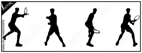 Illustration of a tennis player. Silhouette isolated on a black and white background.