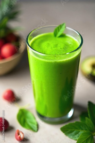 Wallpaper Mural Close-up of a vibrant green smoothie in a blender, ready to be poured Fresh ingredients are visible in the background, hinting at a healthy and delicious recipe , vitamins, antioxidant Torontodigital.ca