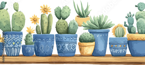 Collection of diverse potted cacti and succulents in blue and yellow decorative pots on a shelf