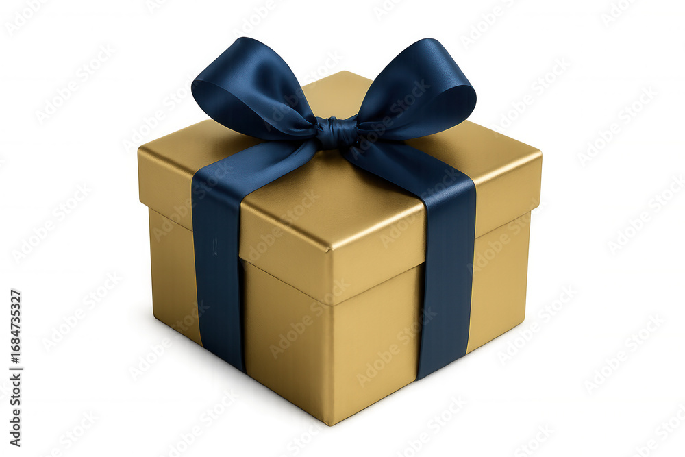 Obraz premium Elegant gold gift box with a navy blue bow and ribbon, perfect for celebrations, birthdays, christmas, or any special occasion