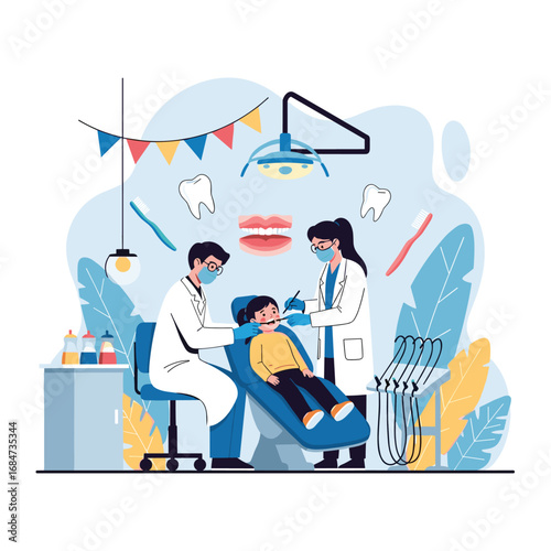 Children enjoying a fun dental checkup with friendly dentists and colorful decorations