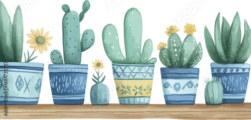 Watercolor illustration of a variety of potted cacti and succulents in decorative blue and white pots on a shelf
