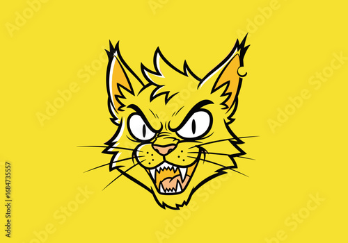 A fierce yellow cat face with sharp teeth and intense eyes on a vibrant yellow background