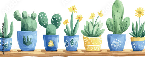 Watercolor illustration of assorted potted cacti and succulents in decorative blue and yellow pots on a wooden shelf