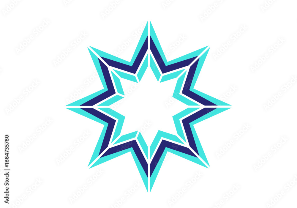 Obraz premium Geometric eight pointed star design with layered teal and navy blue lines