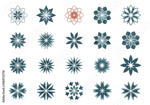 Collection of abstract geometric floral starburst decorative ornaments and design elements