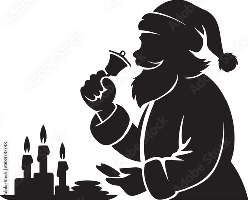 Silhouette of santa claus ringing a bell beside lit candles for christmas celebration