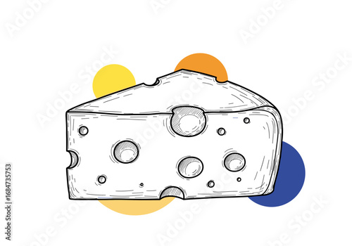 A delicious wedge of swiss cheese with distinctive holes presented on a colorful background with abstract circles