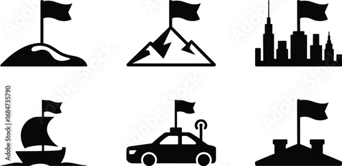 A collection of six black and white icons depicting various achievements with flags on top of them