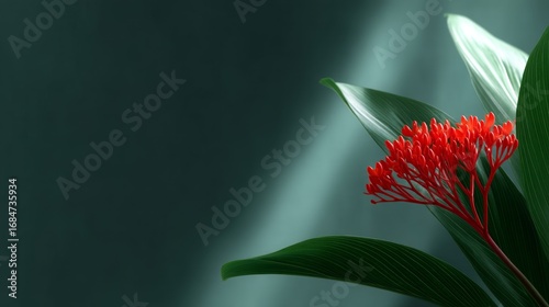 A vibrant red flower stands boldly against a soft green backdrop. The gentle light enhances the beautiful leaves. Perfect for floral themes, home decor, and nature prints. AI