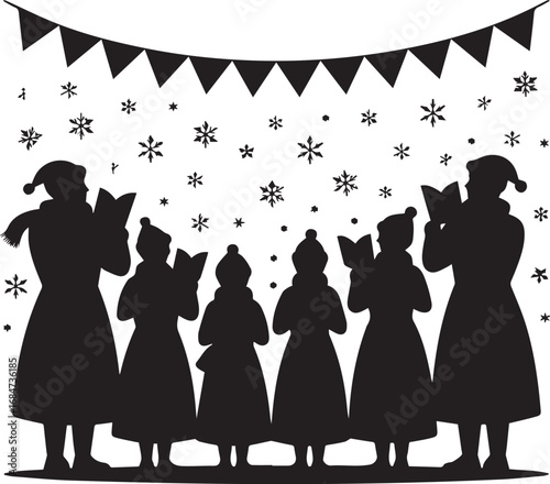 Christmas carolers silhouette festive holiday scene with snowflakes and bunting decorations