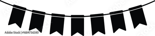 A simple black and white illustration of a hanging banner with rectangular flag shapes attached