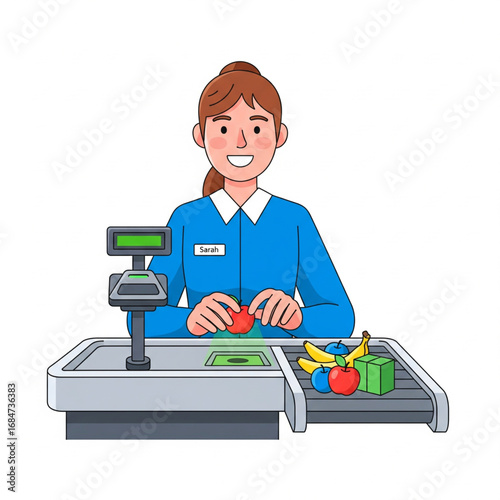 Flat Vector Illustration of a Cashier at a Checkout Counter
