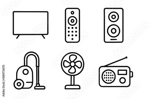 Icons: tv, remote, speaker, vacuum, fan, radio - simple line art electronics