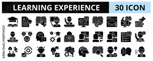 30 Learning Experience Glyph Icons Vector - Adaptive Learning, Creative Learning, Instruction, Computational Thinking, Discovery, Reflection, Understanding, Curriculum