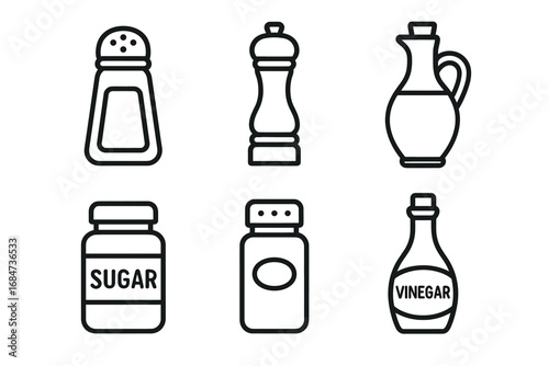 Line art icons of spice and condiment containers for kitchen use