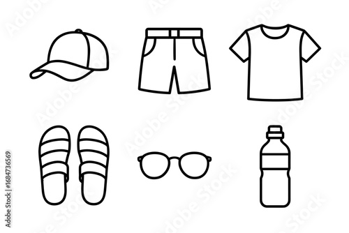 Summer essentials: cap, shorts, t-shirt, sandals, glasses, water bottle