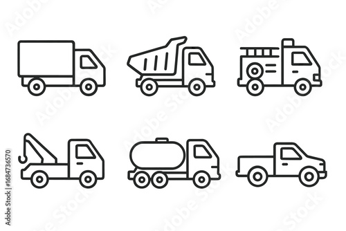 Outline icons of trucks and service vehicles: dump, fire, tow, tanker, pickup