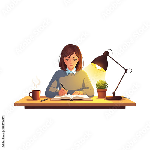 A woman studying or writing at a desk with a lamp and a cup of coffee. This vector illustration is perfect for themes of education, learning, and productivity.