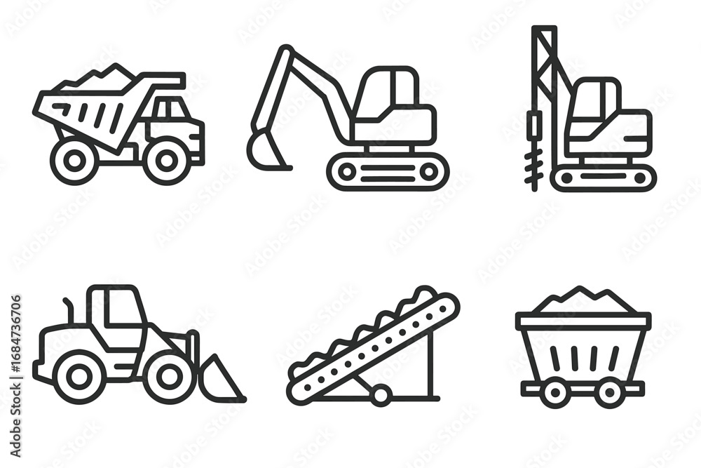Fototapeta premium Construction equipment icons set: dump truck, excavator, bulldozer, conveyor, mining cart