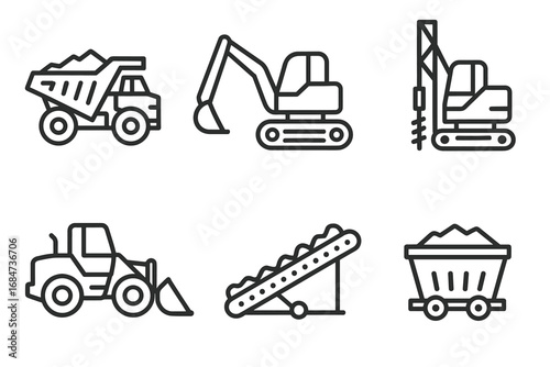 Construction equipment icons set: dump truck, excavator, bulldozer, conveyor, mining cart