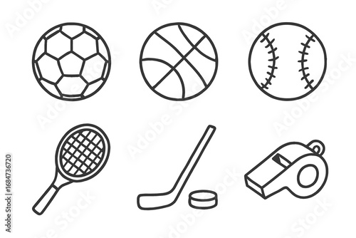 Set of sports equipment icons: soccer, basketball, baseball, tennis, hockey, whistle