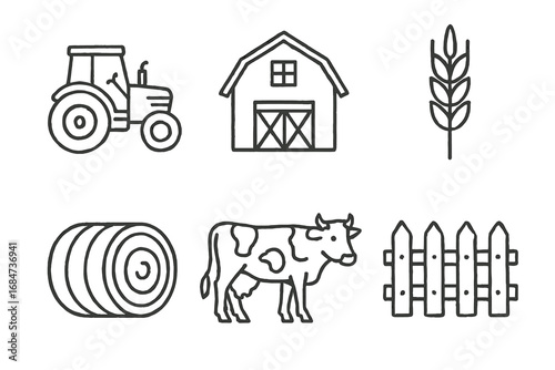 Farm icon set with tractor, barn, wheat, hay bale, cow, and fence
