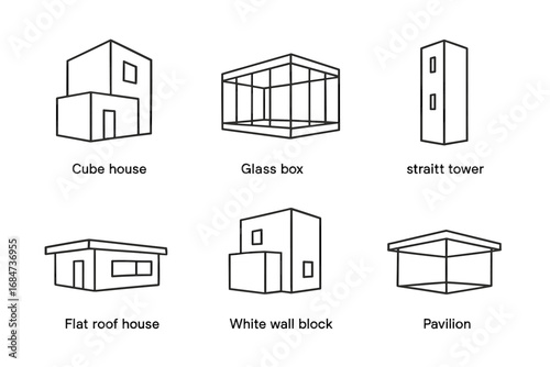 Minimalist architectural design icons: cube house, glass box, tower, flat roof, white wall, pavilion