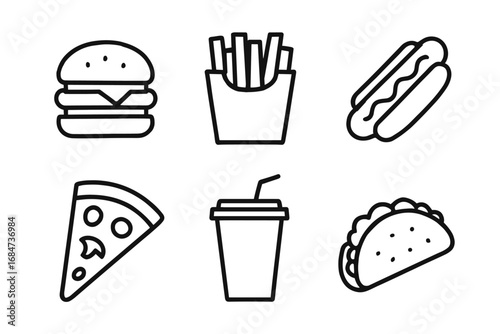 Line art of fast food icons: burger, fries, hot dog, pizza, drink, taco