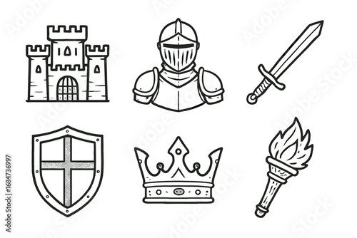 Medieval icons: castle, armor, sword, shield, crown, torch illustrations