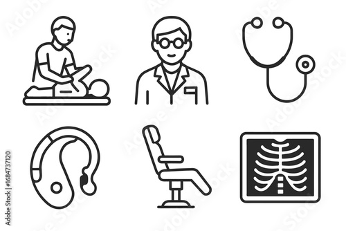 Medical and healthcare icons: doctor, stethoscope, x-ray, chiropractic, hearing aid, dental chair