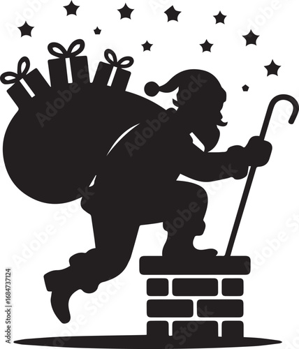 Silhouette of santa claus climbing out of a chimney with a sack of gifts and a cane