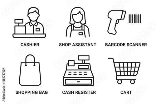 Retail icons: cashier, shop assistant, barcode scanner, shopping bag, cash register, cart