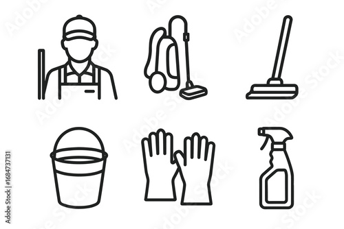 Cleaning equipment icons: worker, vacuum, mop, bucket, gloves, spray bottle