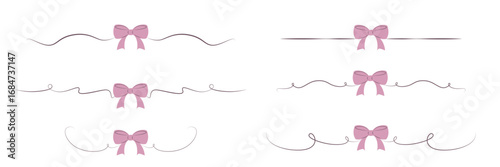Hand drawn pink and brown girly coquette bow ribbons banners set. Vector stock illustration isolated on white background for design template birthday, wedding, Christmas card, invitation, sale banner