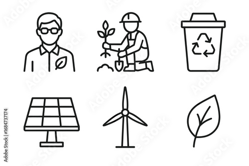 Eco-friendly icons: recycling, solar panel, wind turbine, leaf, gardener, environmental