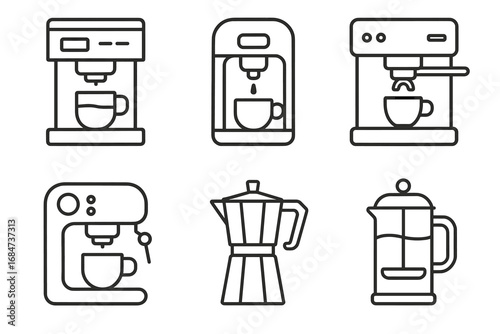 Coffee maker icons set: espresso, french press, moka pot, drip machine outlines