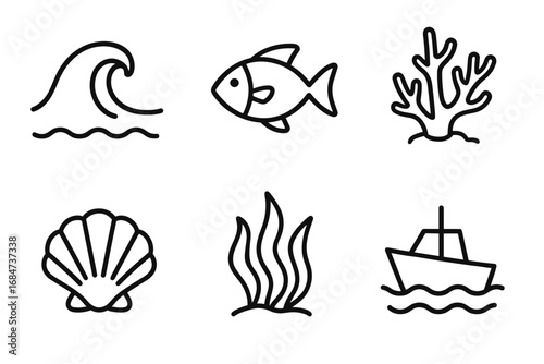 Marine icons: wave, fish, coral, shell, seaweed, boat in black outline