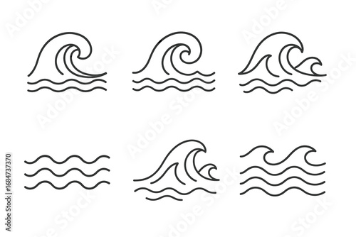 Minimalist wave icon set: collection of six ocean wave line art designs