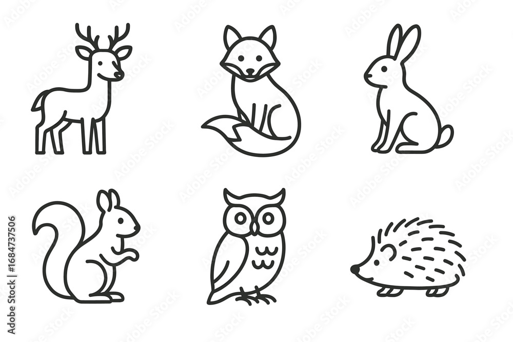 Naklejka premium Outline illustrations of forest animals: deer, fox, rabbit, squirrel, owl, hedgehog