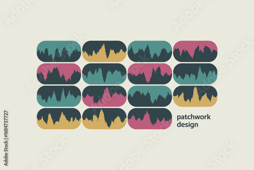 Graphic design featuring a pattern of colorful rounded rectangles with abstract mountain shapes inside
