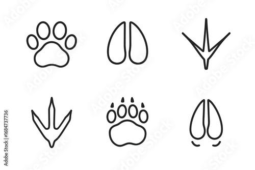 Set of animal paw and hoof print icons in black outline style
